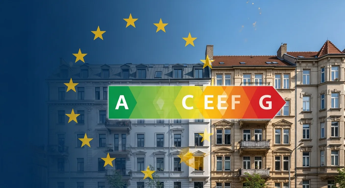 Europäische Wohngebäude mit Energieeffizienz-Skala – Symbol für die EU-Gebäuderichtlinie und Marktwert-Sicherung